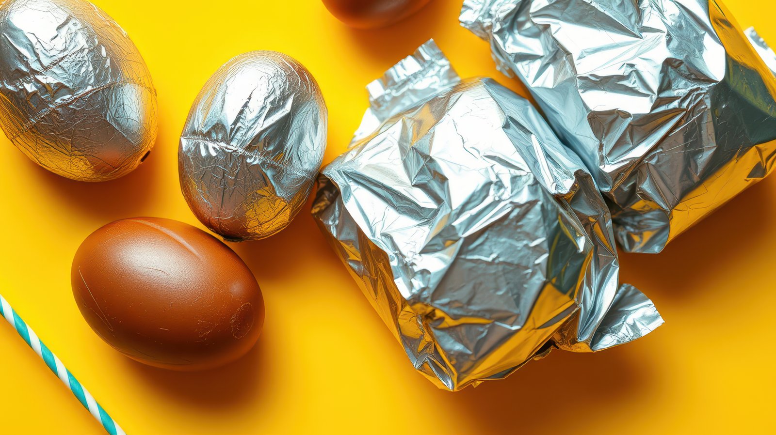 Colorful chocolate eggs and wrapped treats on a vibrant yellow background for a festive celebration